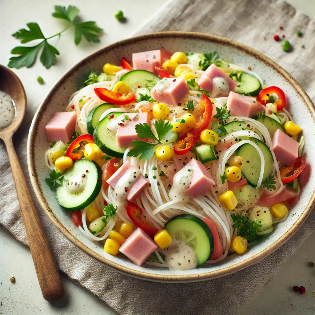 Sałatka z makaronem ryżowym, szynką konserwową i ogórkiem: prosty i smaczny przepis 🥗